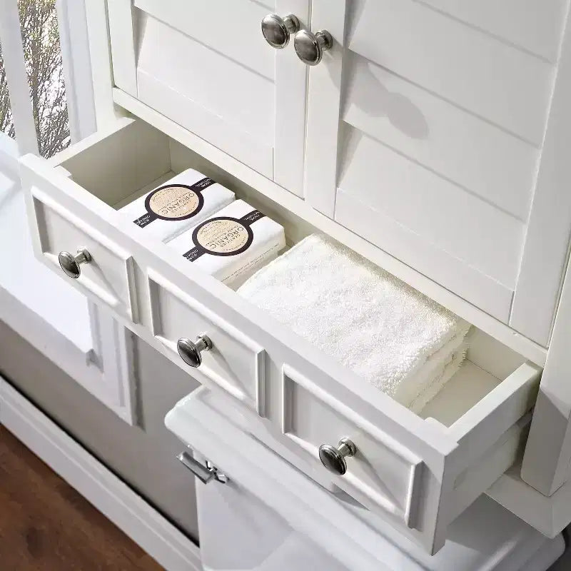 Armoire de rangement murale avec tiroir, blanc chaud, portes à persiennes