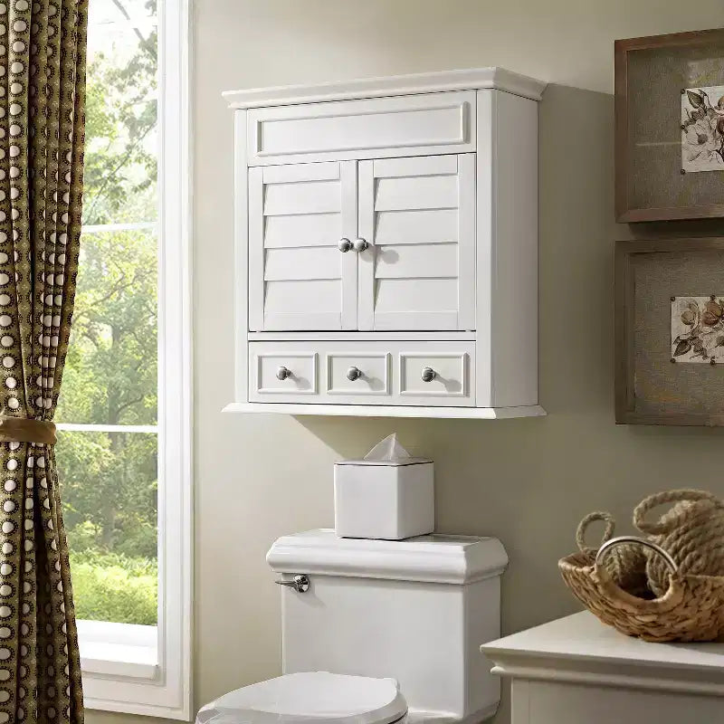 Armoire de rangement murale avec tiroir, blanc chaud, portes à persiennes