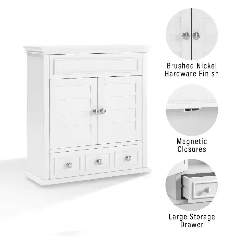 Armoire de rangement murale avec tiroir, blanc chaud, portes à persiennes