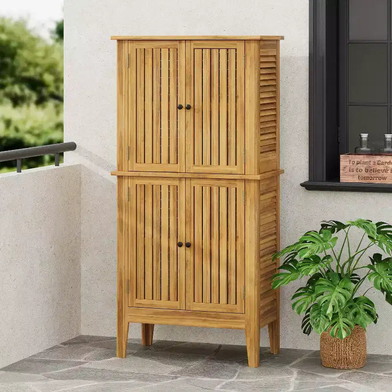 Meuble de rangement intérieur/extérieur en bois d'acacia avec étagères et portes persiennes