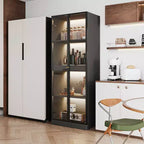 ATJafurn 23.6'' Black Glass Display China Cabinet With Pull-Out Bar Shelf, Dining Cabinet With Glass Doors and Wireless LED Light