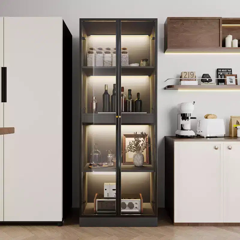 Meuble vitrine 60 cm en verre noir avec étagère de bar coulissante et éclairage LED sans fil