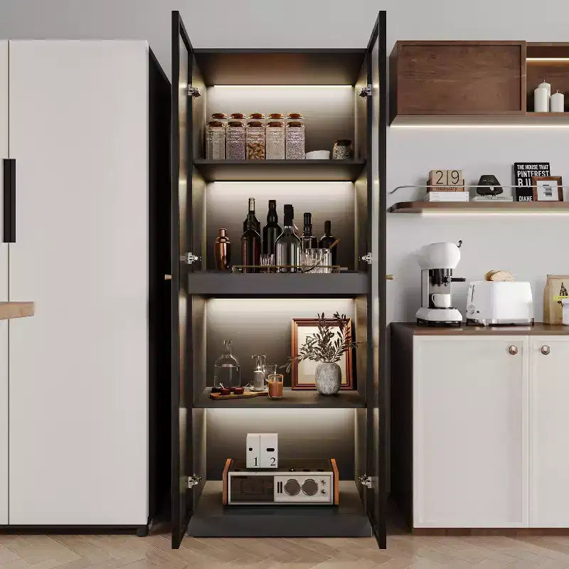 Meuble vitrine 60 cm en verre noir avec étagère de bar coulissante et éclairage LED sans fil