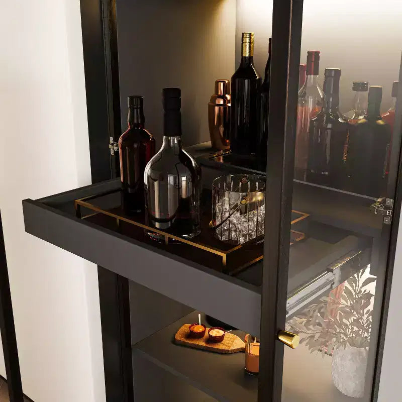 Meuble vitrine 60 cm en verre noir avec étagère de bar coulissante et éclairage LED sans fil