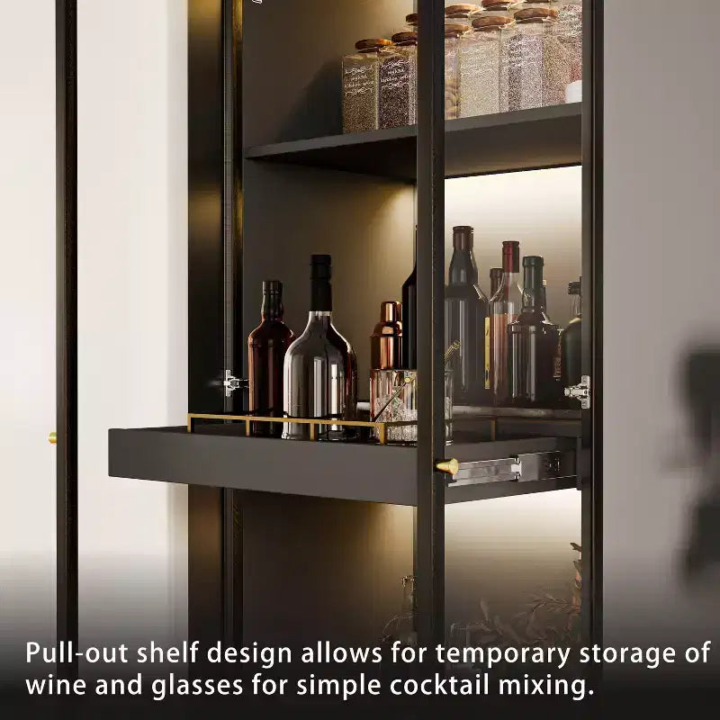 Meuble vitrine 60 cm en verre noir avec étagère de bar coulissante et éclairage LED sans fil