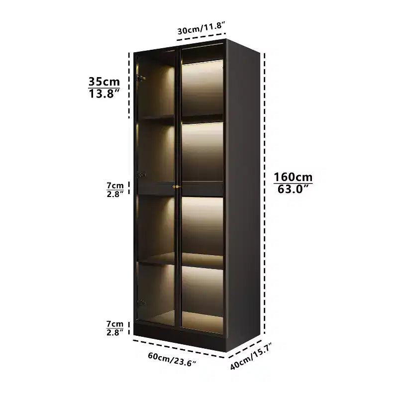 Meuble vitrine 60 cm en verre noir avec étagère de bar coulissante et éclairage LED sans fil
