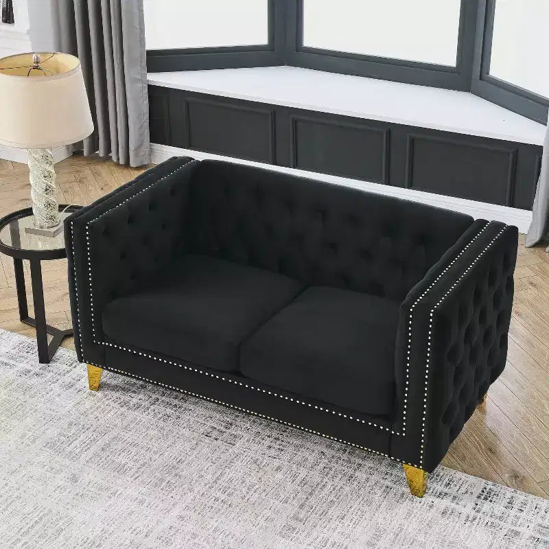 Canapé en velours capitonné avec accoudoirs carrés et pieds en métal – Canapé rembourré moderne pour salon ou chambre à coucher