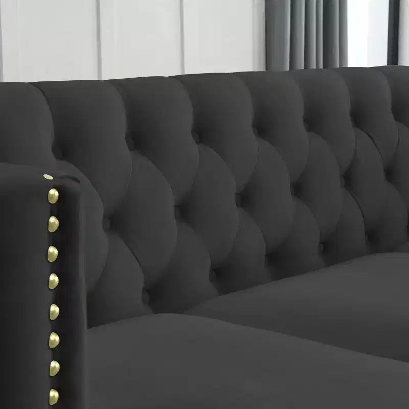 Canapé en velours capitonné avec accoudoirs carrés et pieds en métal – Canapé rembourré moderne pour salon ou chambre à coucher