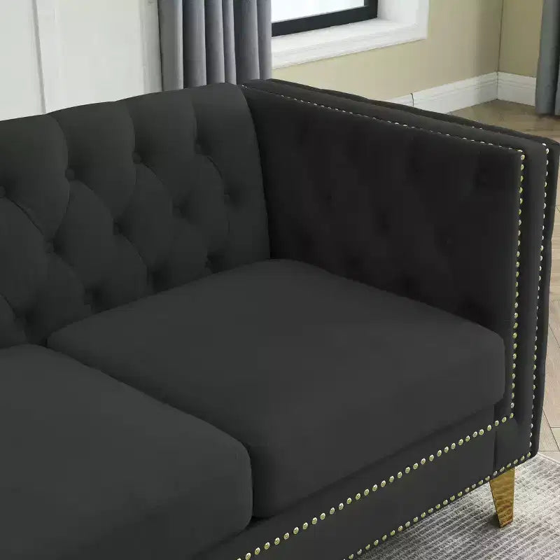 Canapé en velours capitonné avec accoudoirs carrés et pieds en métal – Canapé rembourré moderne pour salon ou chambre à coucher