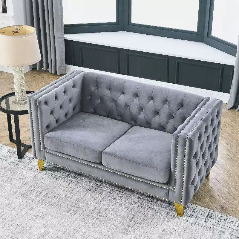 Canapé en velours capitonné avec accoudoirs carrés et pieds en métal – Canapé rembourré moderne pour salon ou chambre à coucher
