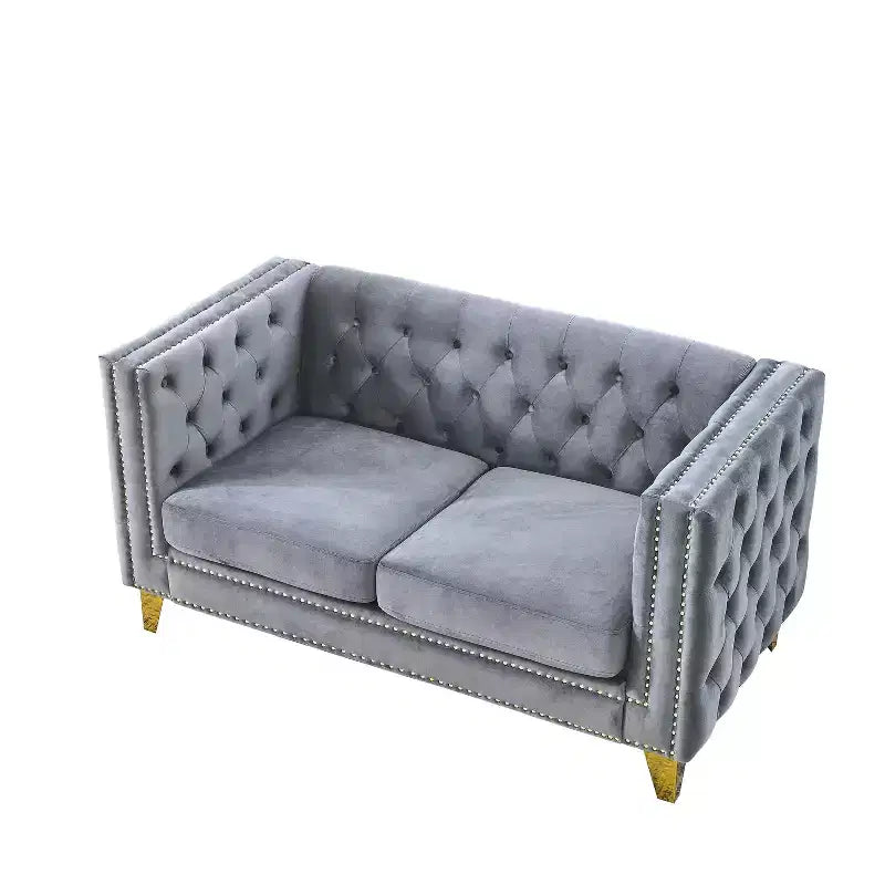 Canapé en velours capitonné avec accoudoirs carrés et pieds en métal – Canapé rembourré moderne pour salon ou chambre à coucher
