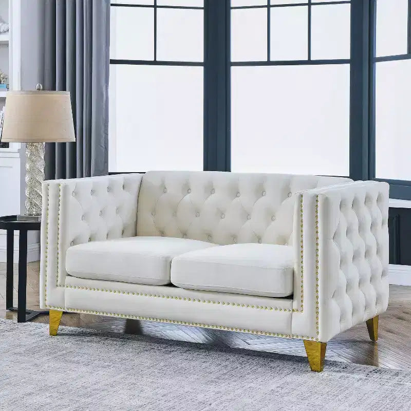 Canapé en velours capitonné avec accoudoirs carrés et pieds en métal – Canapé rembourré moderne pour salon ou chambre à coucher