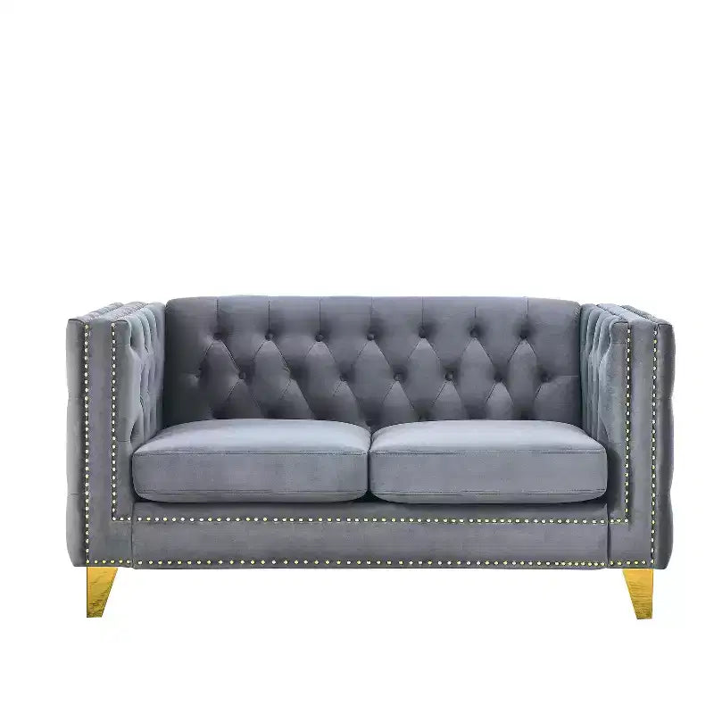 Canapé en velours capitonné avec accoudoirs carrés et pieds en métal – Canapé rembourré moderne pour salon ou chambre à coucher