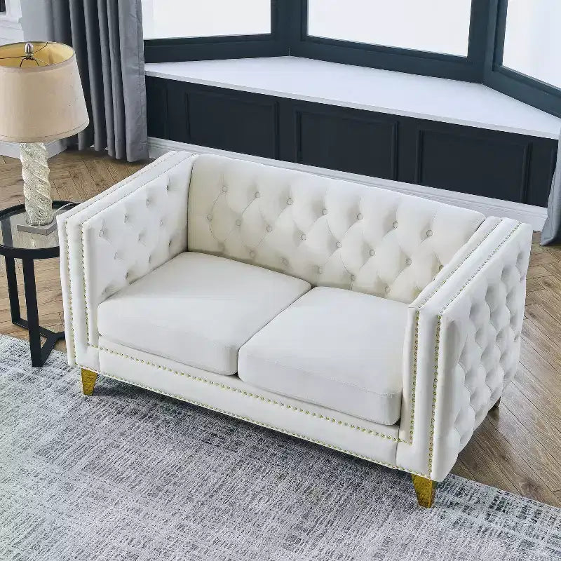 Canapé en velours capitonné avec accoudoirs carrés et pieds en métal – Canapé rembourré moderne pour salon ou chambre à coucher