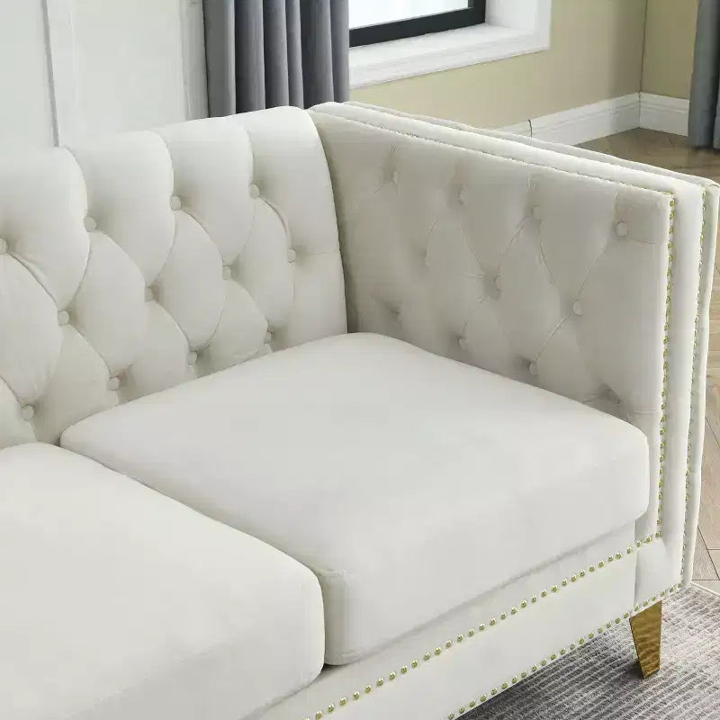 Canapé en velours capitonné avec accoudoirs carrés et pieds en métal – Canapé rembourré moderne pour salon ou chambre à coucher