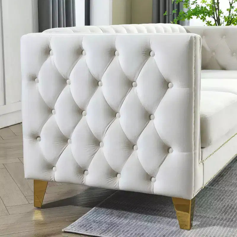 Canapé en velours capitonné avec accoudoirs carrés et pieds en métal – Canapé rembourré moderne pour salon ou chambre à coucher