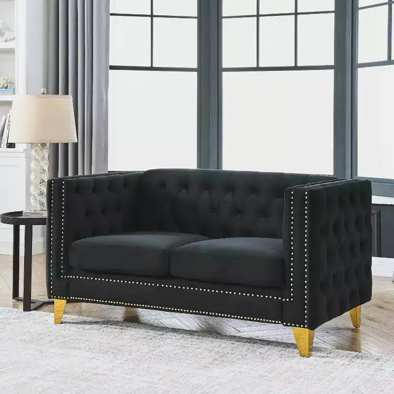 Canapé en velours capitonné avec accoudoirs carrés et pieds en métal – Canapé rembourré moderne pour salon ou chambre à coucher