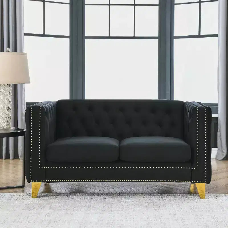 Canapé en velours capitonné avec accoudoirs carrés et pieds en métal – Canapé rembourré moderne pour salon ou chambre à coucher
