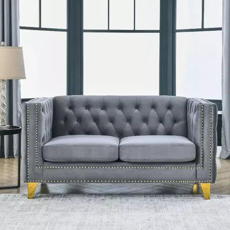 Canapé en velours capitonné avec accoudoirs carrés et pieds en métal – Canapé rembourré moderne pour salon ou chambre à coucher
