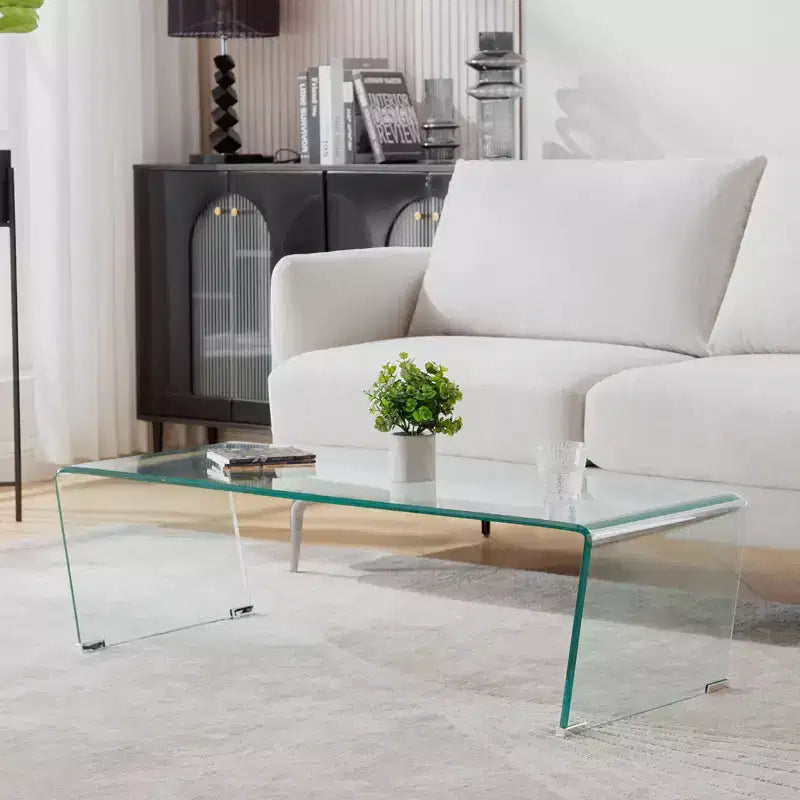 Table basse de 120 cm en verre trempé en forme de V avec pieds métalliques