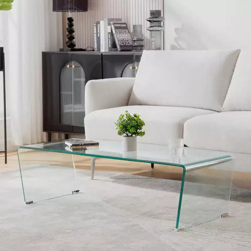 Table basse de 120 cm en verre trempé en forme de V avec pieds métalliques