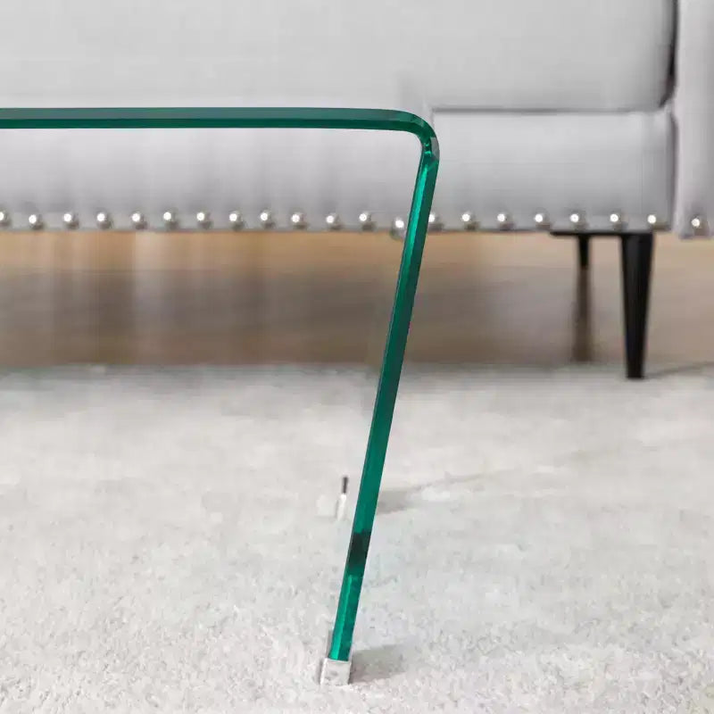 Table basse de 120 cm en verre trempé en forme de V avec pieds métalliques