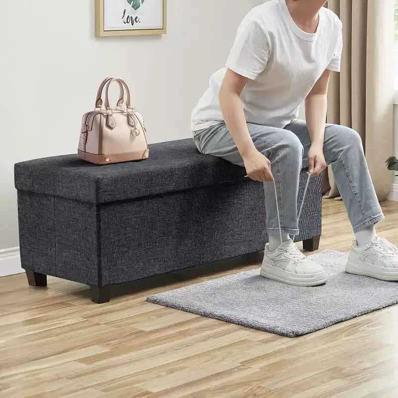 Banc de rangement pliant capitonné en lin de 43 pouces avec pieds