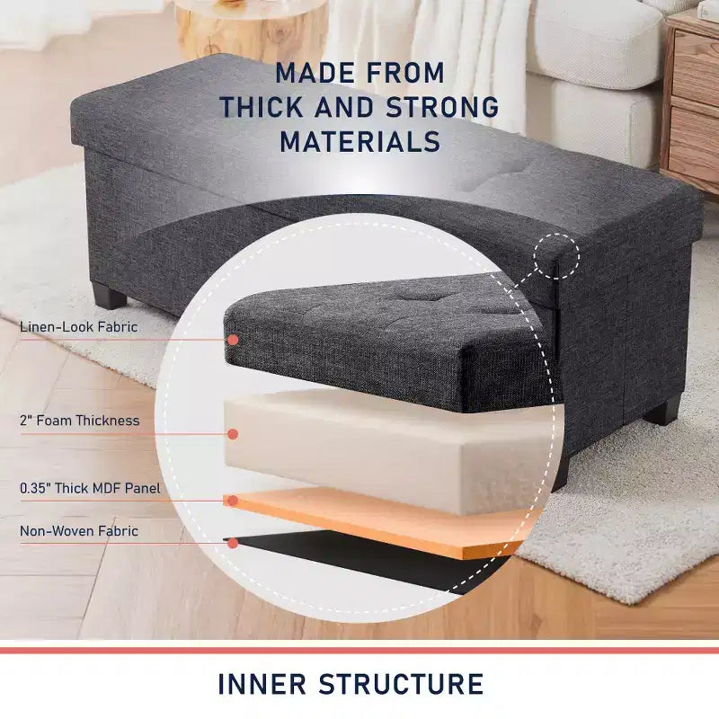 Banc de rangement pliant capitonné en lin de 43 pouces avec pieds