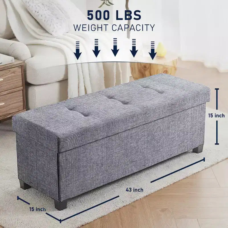 Banc de rangement pliant capitonné en lin de 43 pouces avec pieds