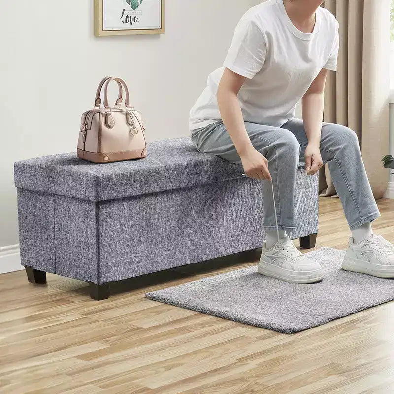 Banc de rangement pliant capitonné en lin de 43 pouces avec pieds