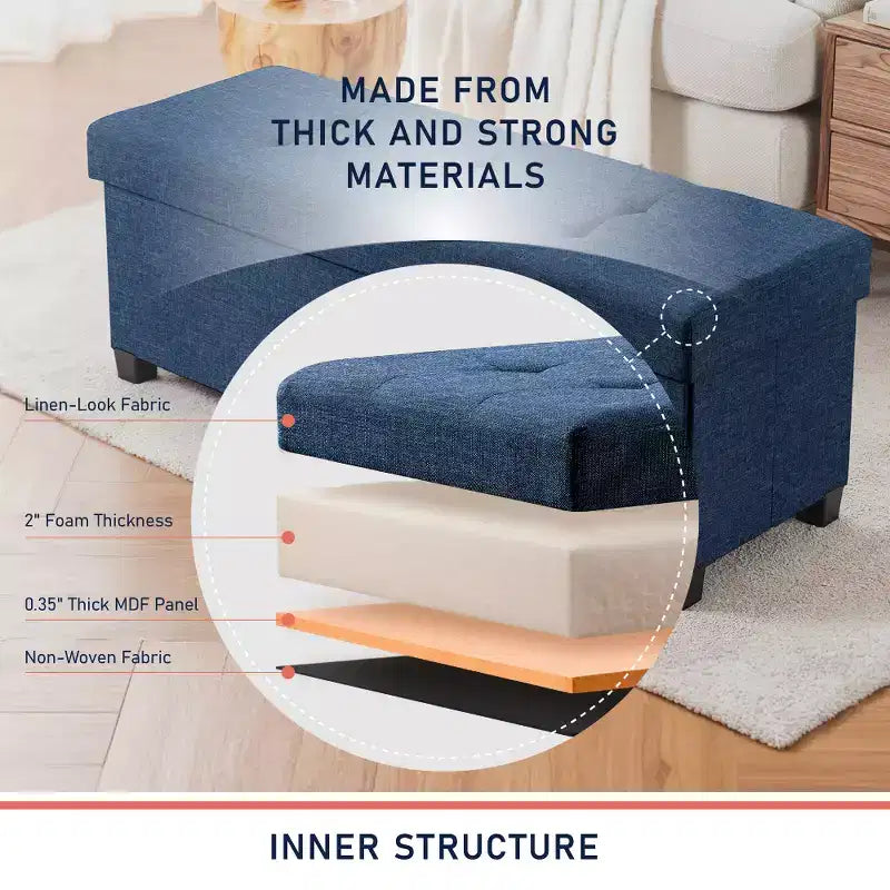 Banc de rangement pliant capitonné en lin de 43 pouces avec pieds