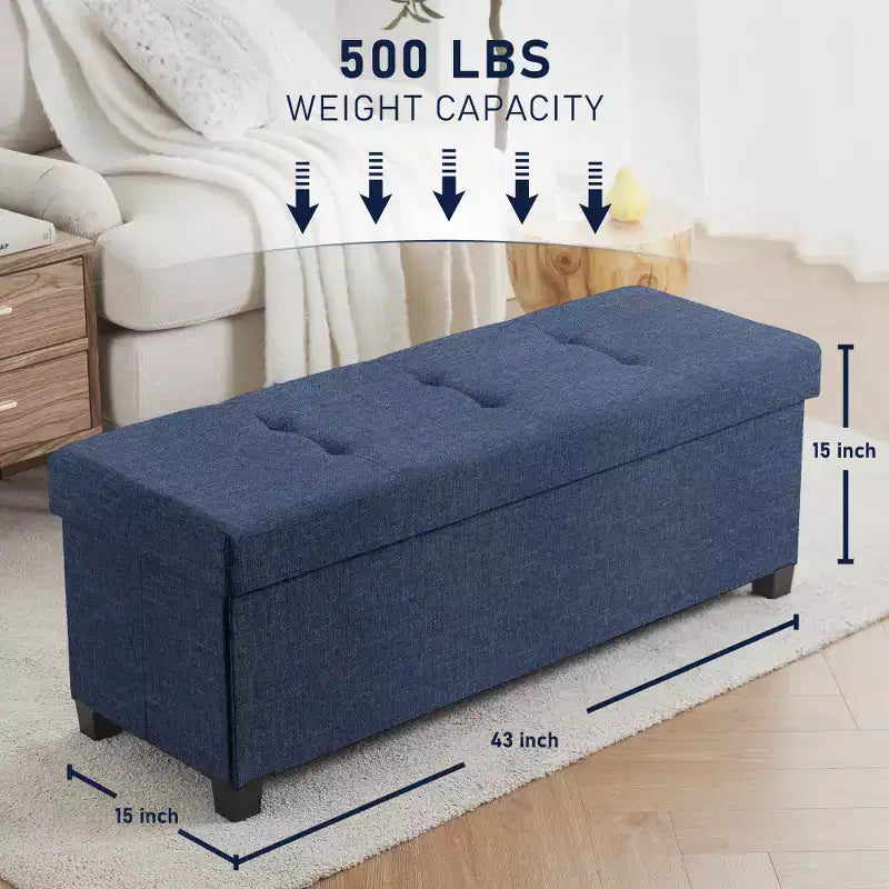 Banc de rangement pliant capitonné en lin de 43 pouces avec pieds