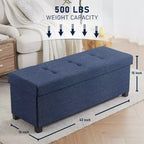 Banc de rangement pliant capitonné en lin de 43 pouces avec pieds