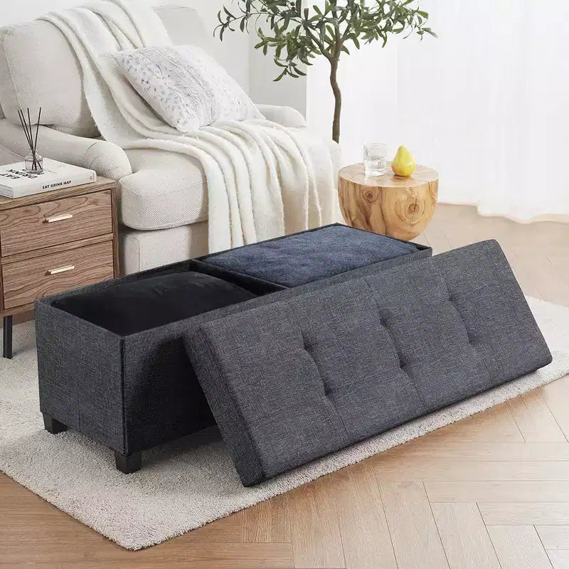 Banc de rangement pliant capitonné en lin de 43 pouces avec pieds