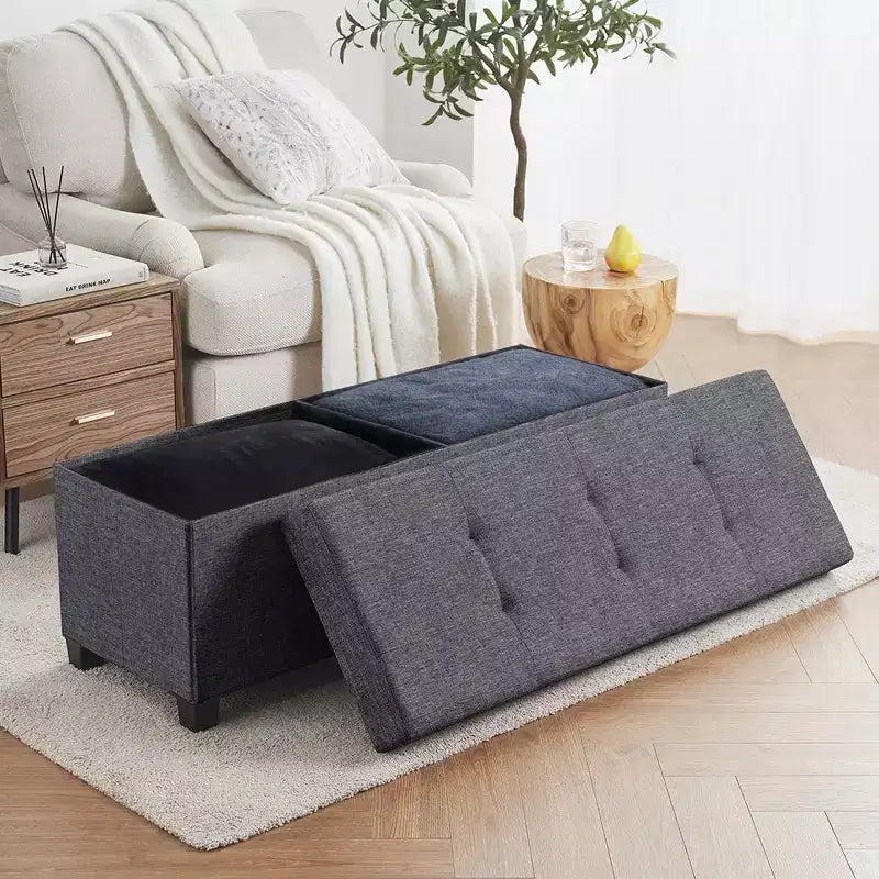 Banc de rangement pliant capitonné en lin de 43 pouces avec pieds