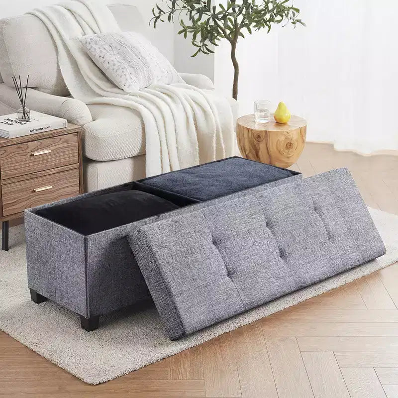 Banc de rangement pliant capitonné en lin de 43 pouces avec pieds