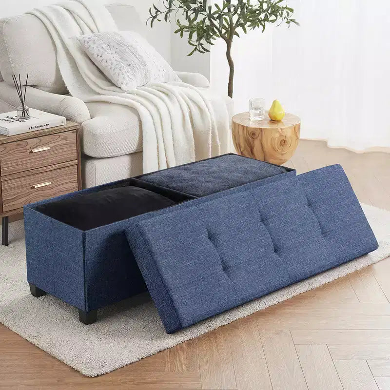 Banc de rangement pliant capitonné en lin de 43 pouces avec pieds