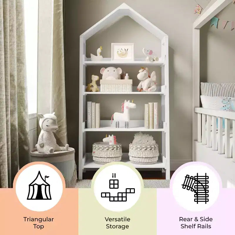 Étagère à livres ouverte en bois pour enfants avec plateau triangulaire, 4 étagères, pieds carrés