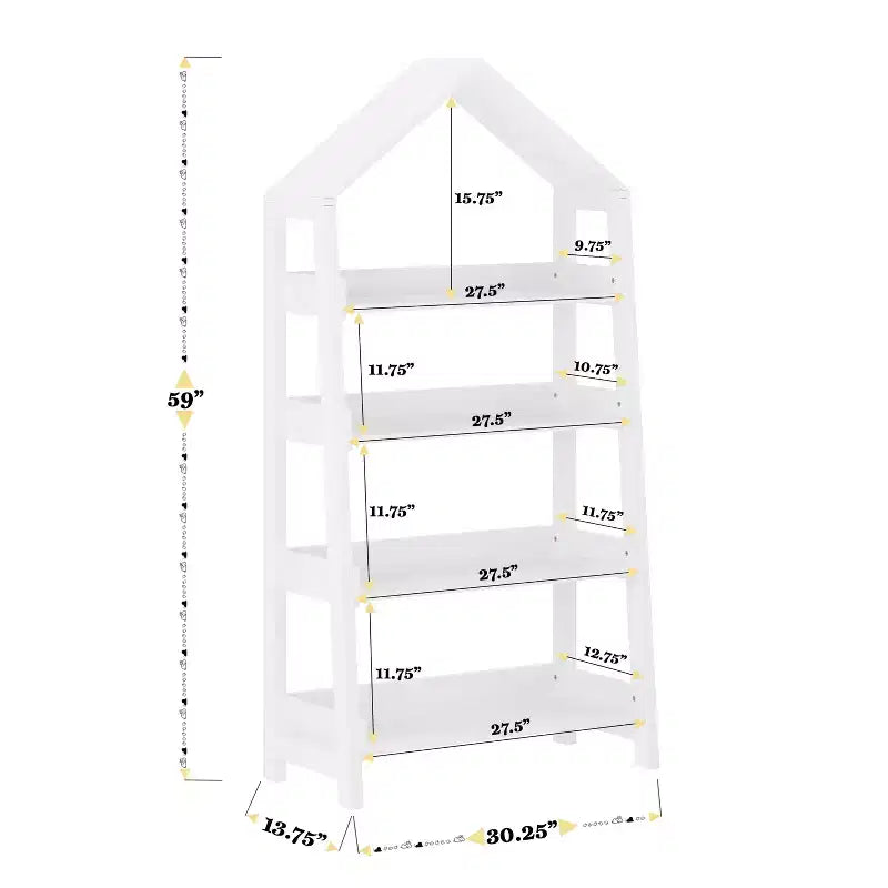 Étagère à livres ouverte en bois pour enfants avec plateau triangulaire, 4 étagères, pieds carrés