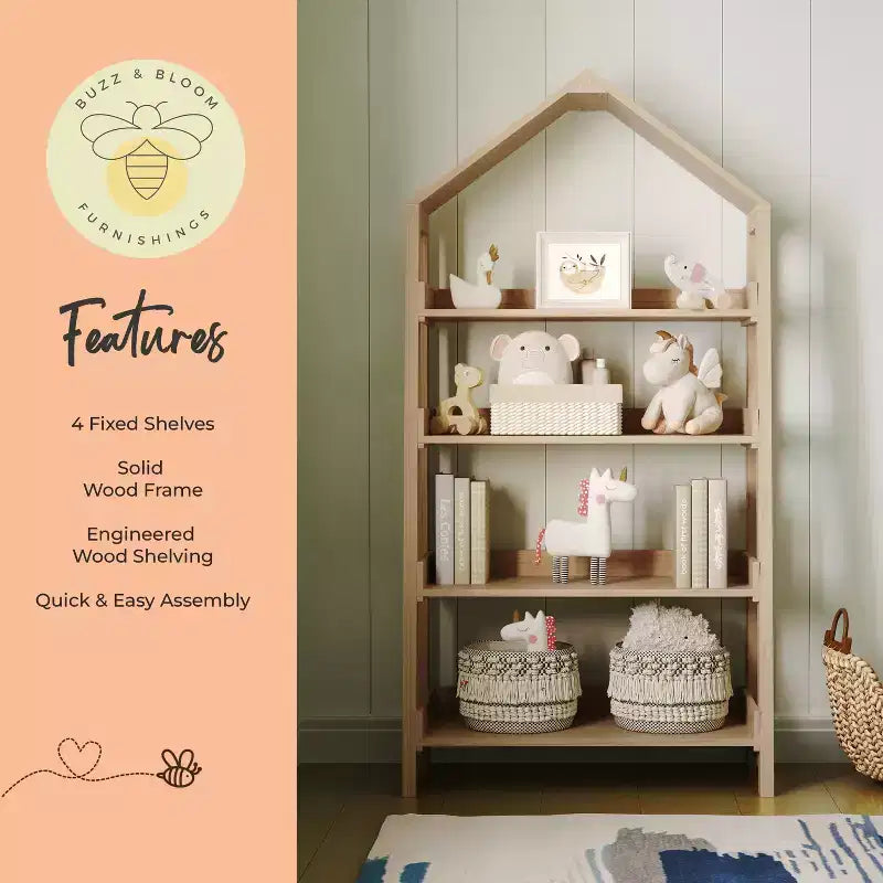 Étagère à livres ouverte en bois pour enfants avec plateau triangulaire, 4 étagères, pieds carrés