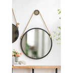 29.5 in On-trend Hanging Round Mirror with Black Framed and with Rope Strap Contemporary Industrial Decor for Bathroom, Bedroom, or Living Space