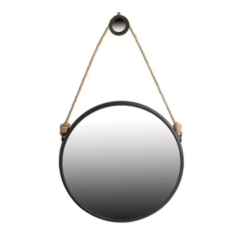 Miroir rond suspendu tendance de 75 cm avec cadre noir et sangle en corde, pour une décoration industrielle contemporaine dans la salle de bain, la chambre ou le salon