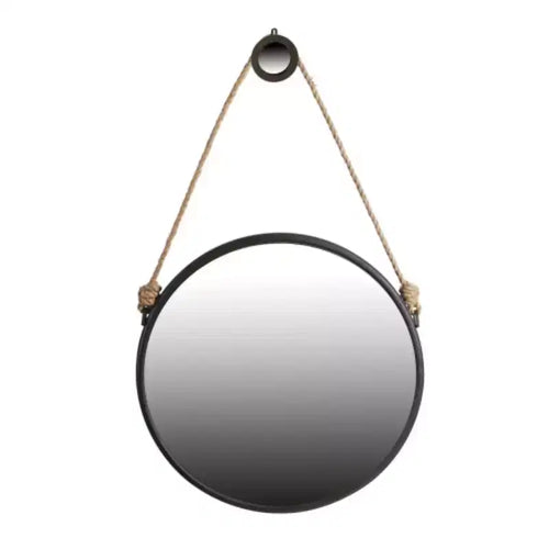 Miroir rond suspendu tendance de 75 cm avec cadre noir et sangle en corde, pour une décoration industrielle contemporaine dans la salle de bain, la chambre ou le salon