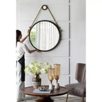 Miroir rond suspendu tendance de 75 cm avec cadre noir et sangle en corde, pour une décoration industrielle contemporaine dans la salle de bain, la chambre ou le salon