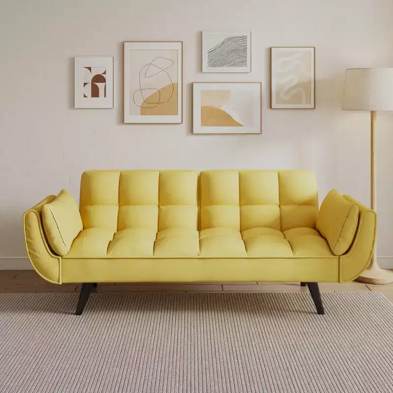 Canapé-lit convertible jaune de 57 pouces avec accoudoirs et coussin décoratif, petits espaces