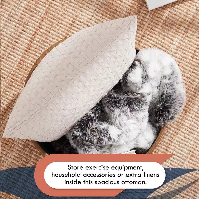 Pouffe de rangement rond capitonné en similicuir avec pieds en bois