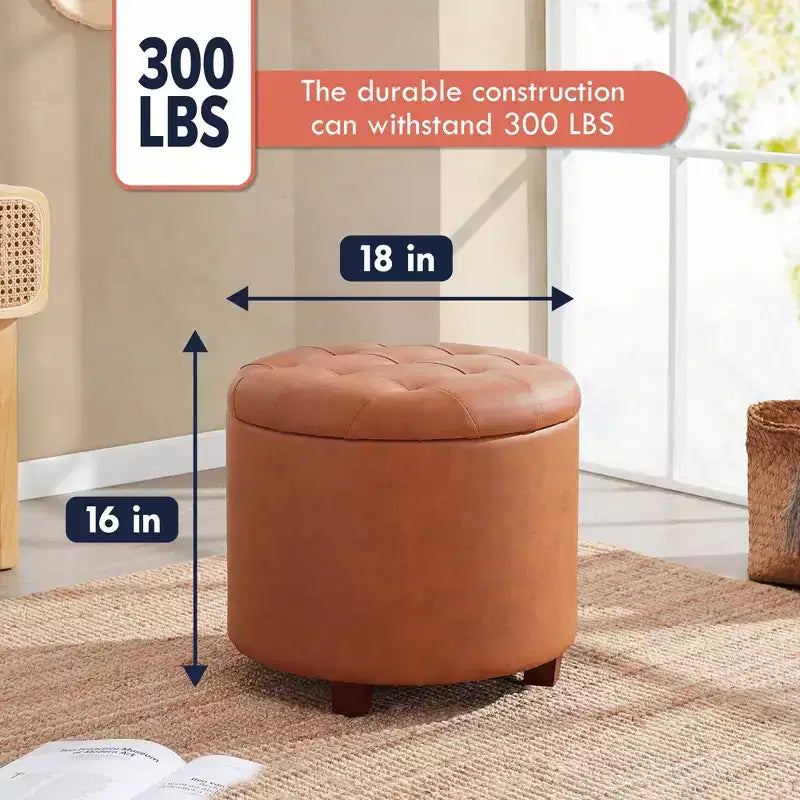Pouffe de rangement rond capitonné en similicuir avec pieds en bois