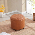 Pouffe de rangement rond capitonné en similicuir avec pieds en bois