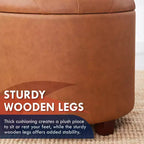 Pouffe de rangement rond capitonné en similicuir avec pieds en bois