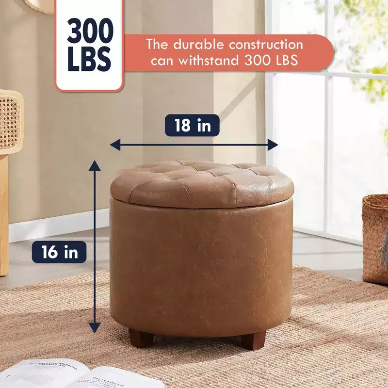 Pouffe de rangement rond capitonné en similicuir avec pieds en bois
